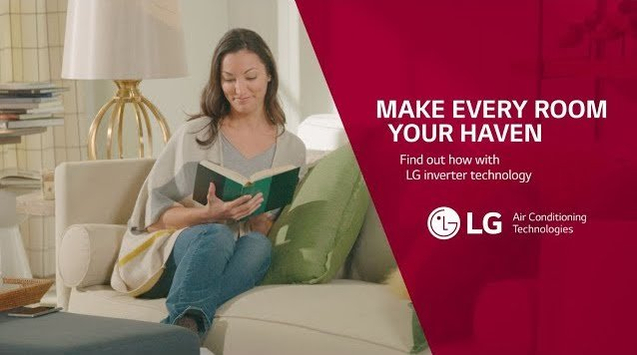 Video link with a woman reading on her couch. Find out how to make every room your haven with LG inverter technology.